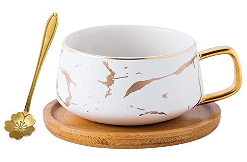 Jusalpha 10 oz Luxury Golden Hand Print Coffee Teacup with Bamboo Saucer Set Fashion Marble Pattern for Women TCS19 (White)