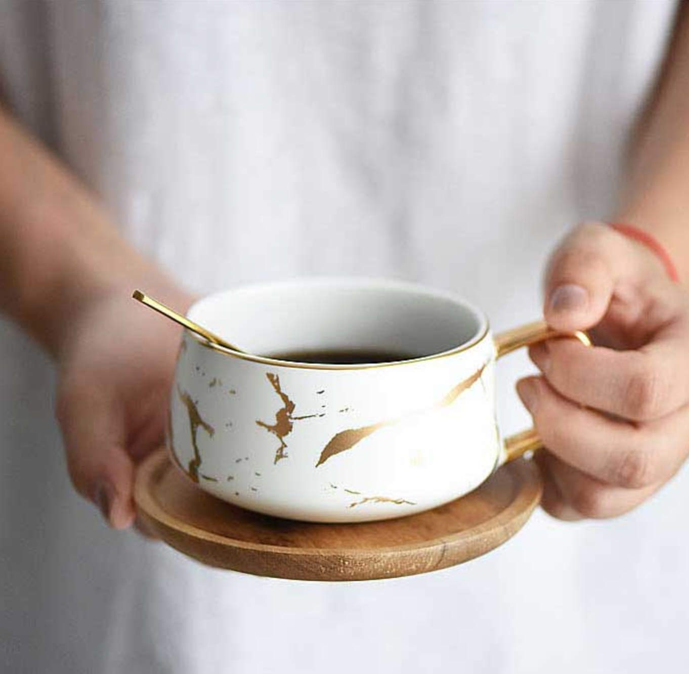 Jusalpha 10 oz Luxury Golden Hand Print Coffee Teacup with Bamboo Saucer Set Fashion Marble Pattern for Women TCS19 (White)