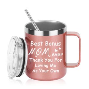 gifts for bonus mom, best bonus mom ever cup, best bonus mom ever thank you for loving me as you own stainless steel insulated mug, birthday mothers day gifts for bonus mom from daughter son 12oz
