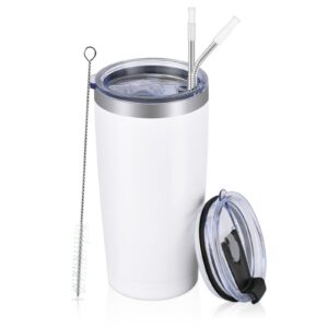 futtumy stainless steel travel tumbler, 20 oz tumbler with 2 lids and straws, insulated coffee tumbler, double wall travel tumbler, thermal cup, powder coated coffee cup for hot cold drinks (white)