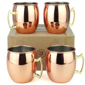 pg copper/rose gold plated stainless steel moscow mule mug - bar gift set 4 - factory direct (19 oz) - authentic traditional design - smooth finish original brass handle!