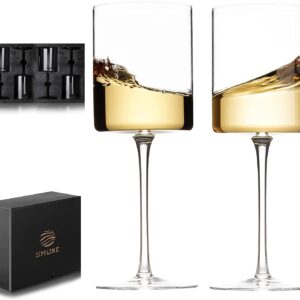 Crystal Square Wine Glasses Set Of 4-14 oz Stemware - Hand Blown Edge Wine Glasses- Red and White Wine Glasses With Stem - Premium Clear Drinkware Glassware