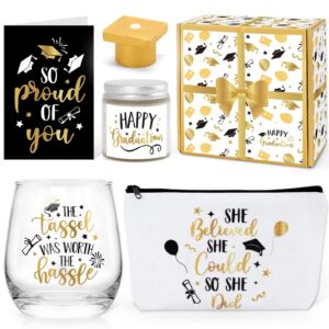 levfla graduation gifts set, congratulations present box for her girl women college student with pre-packed wine glass grad cap bath bomb makeup bag candle card black gold