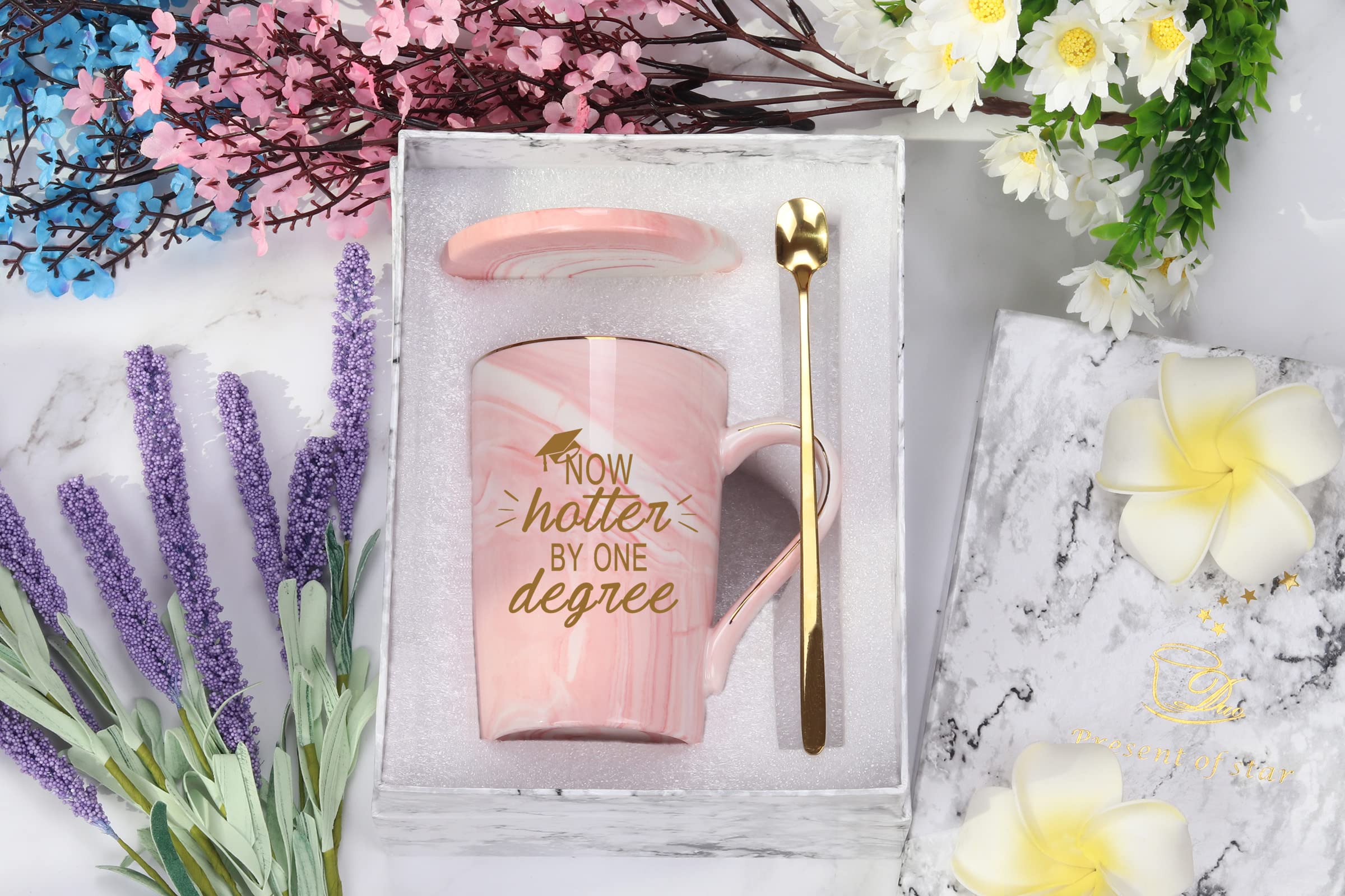 WENSSY Graduation Gifts for Her Now Hotter by One Degree Mug Gifts for College High School Graduates Men's Female College High School Graduation Gifts for Friends 14 Ounce Pink with Box Spoon Coaster