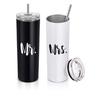 mr and mrs stainless steel skinny tumbler set, insulated travel tumbler, gifts for newlyweds couples wife, wedding engagement bridal shower, 20 oz slim water tumbler with lid straw, black and white