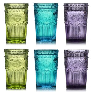 kingrol 6 pack 12 oz vintage drinking glasses, embossed romantic water glassware, glass tumbler set for juice, beverages, beer, cocktail (3 colors)