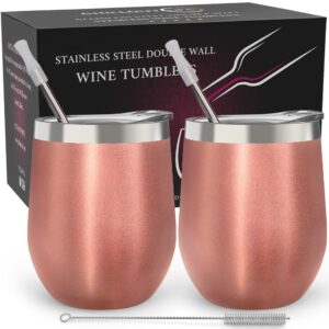 chillout life stainless steel wine tumblers 2 pack 12 oz - double wall vacuum insulated wine cups with lids and straws set for coffee, wine, cocktails (rose gold)