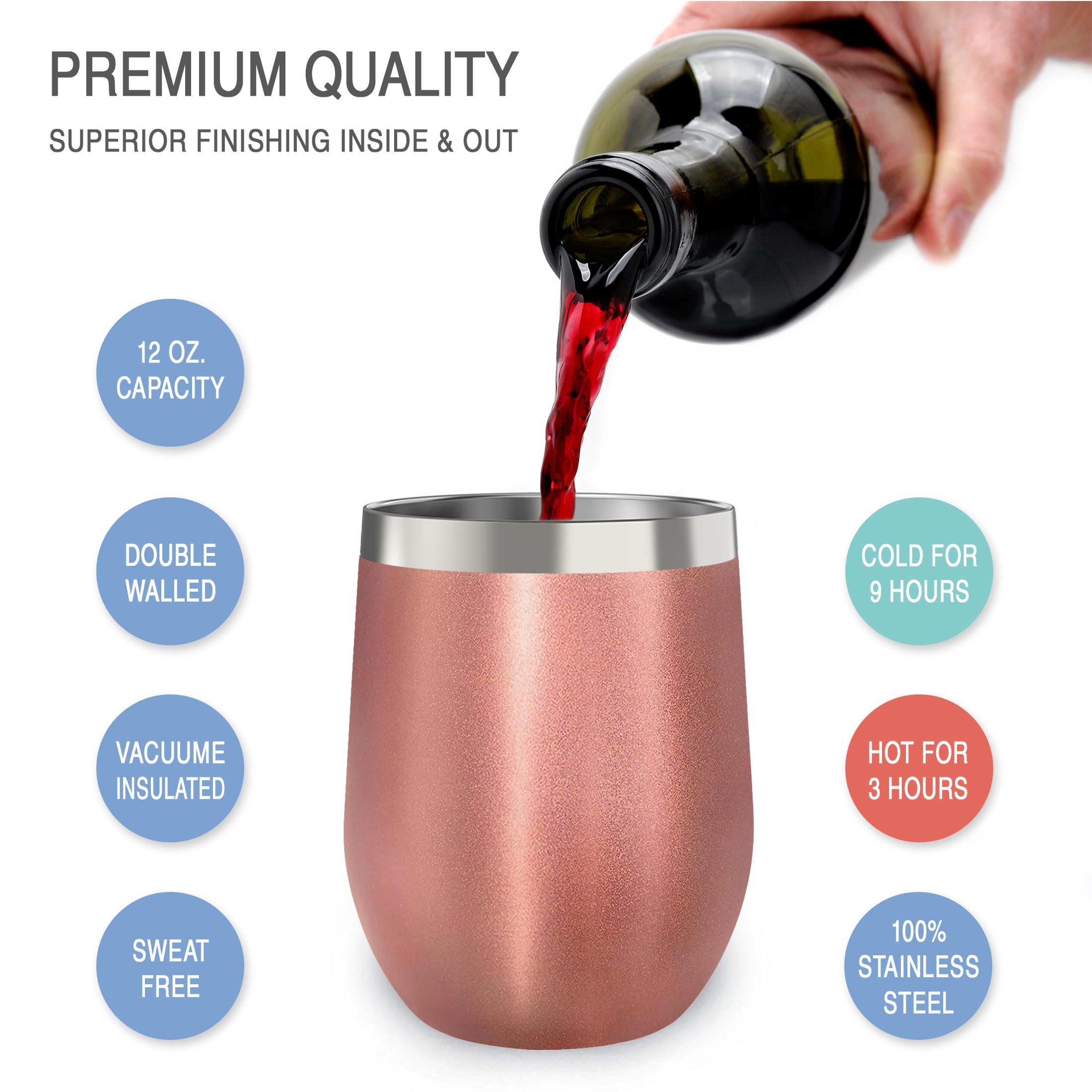 CHILLOUT LIFE Stainless Steel Wine Tumblers 2 Pack 12 oz - Double Wall Vacuum Insulated Wine Cups with Lids and Straws Set for Coffee, Wine, Cocktails (Rose Gold)