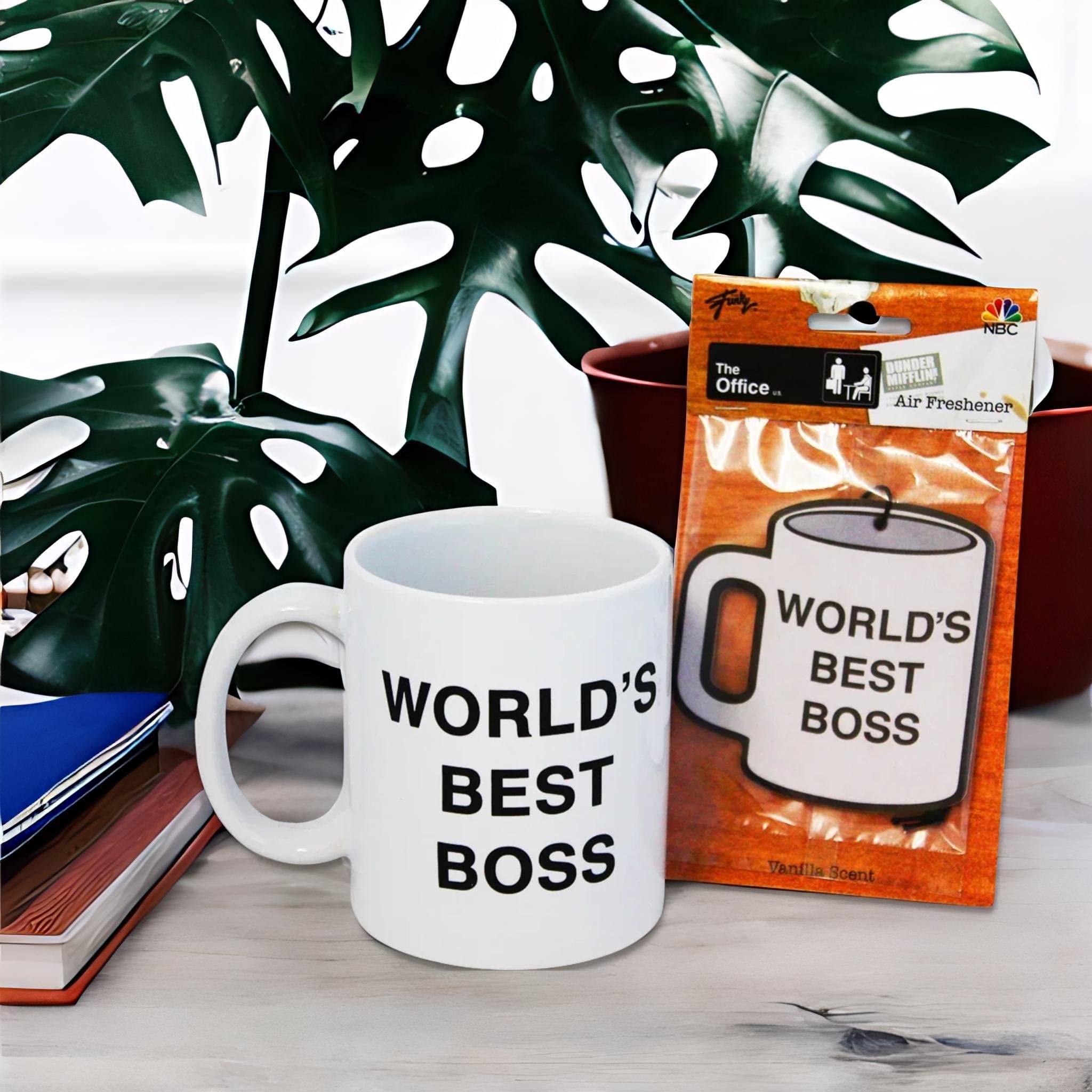 JUST FUNKY The Office “World’s Best Boss” 11 oz Mug and Vanilla Air Freshener Combo Gift Pack | The Office Gift | The Office Merchandise | Officially Licensed