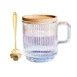 yalucky clear iridescent coffee mug with lid and sakura spoon tea cups glass mugs pretty cute mug for milk latte chocolate juice water for women men birthday christmas (white)