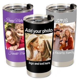 personalized tumbler with pictures text name, custom photo stainless steel tumbler, 20 oz travel coffee cup with lids, personalized mother's day birthday gifts for mom, dad, women, men, friend