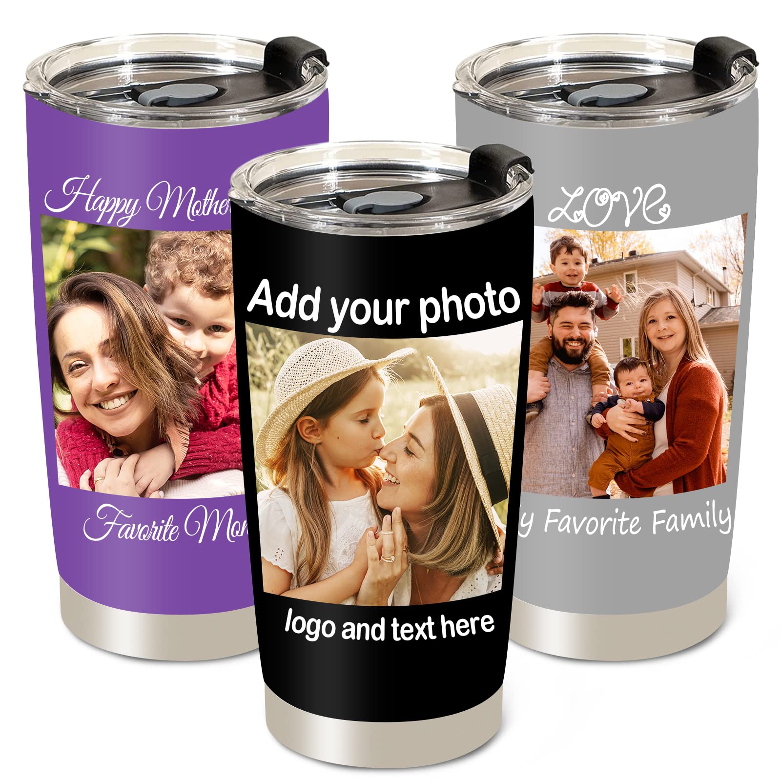 Personalized Tumbler with Pictures Text Name, Custom Photo Stainless Steel Tumbler, 20 Oz Travel Coffee Cup with lids, Personalized Mother's Day Birthday Gifts for Mom, Dad, Women, Men, Friend