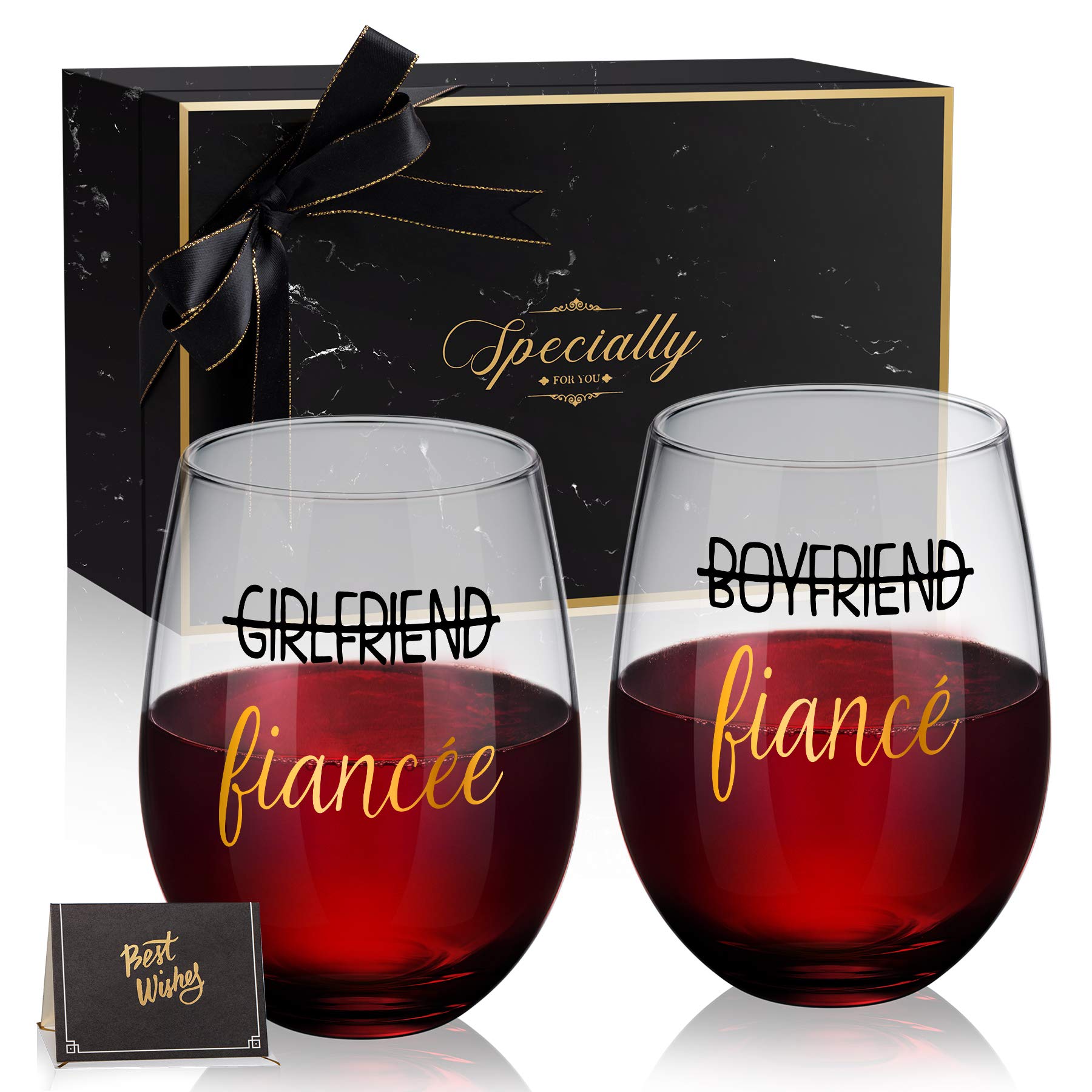 Boyfriend and Girlfriend 18 oz Stemless Wine Glass Set of 2, Engagement Gifts for Couples Fiance Fiancee Her Him, Gifts Idea for Women Friend Bachelorette Party