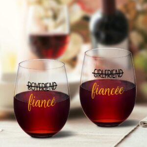 Boyfriend and Girlfriend 18 oz Stemless Wine Glass Set of 2, Engagement Gifts for Couples Fiance Fiancee Her Him, Gifts Idea for Women Friend Bachelorette Party