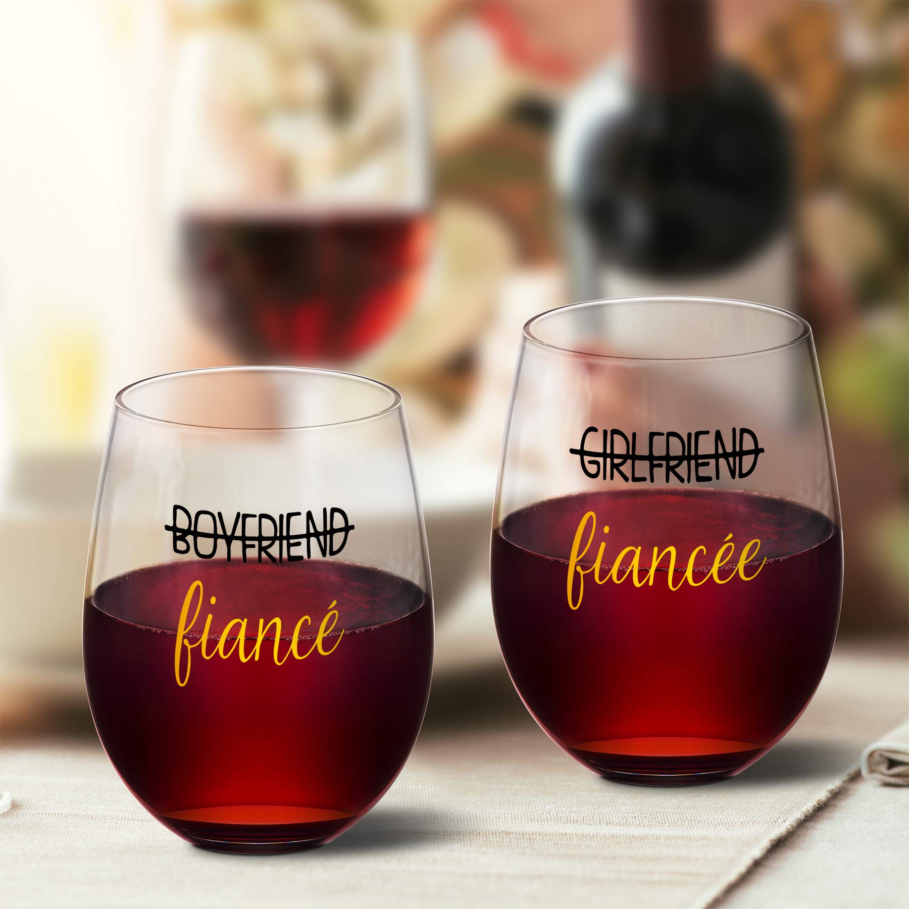 Boyfriend and Girlfriend 18 oz Stemless Wine Glass Set of 2, Engagement Gifts for Couples Fiance Fiancee Her Him, Gifts Idea for Women Friend Bachelorette Party