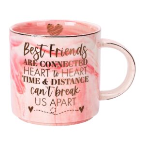 best friend birthday gifts for women - long distance friendship gifts for bff, bestfriend, besties, christmas - best friends are connected heart to heart - cute pink marble mug, 11.5oz coffee cup