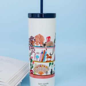 Kate Spade New York Insulated Tumbler with Reusable Straw, 20 Ounce Acrylic Travel Cup with Lid, Bookshelf