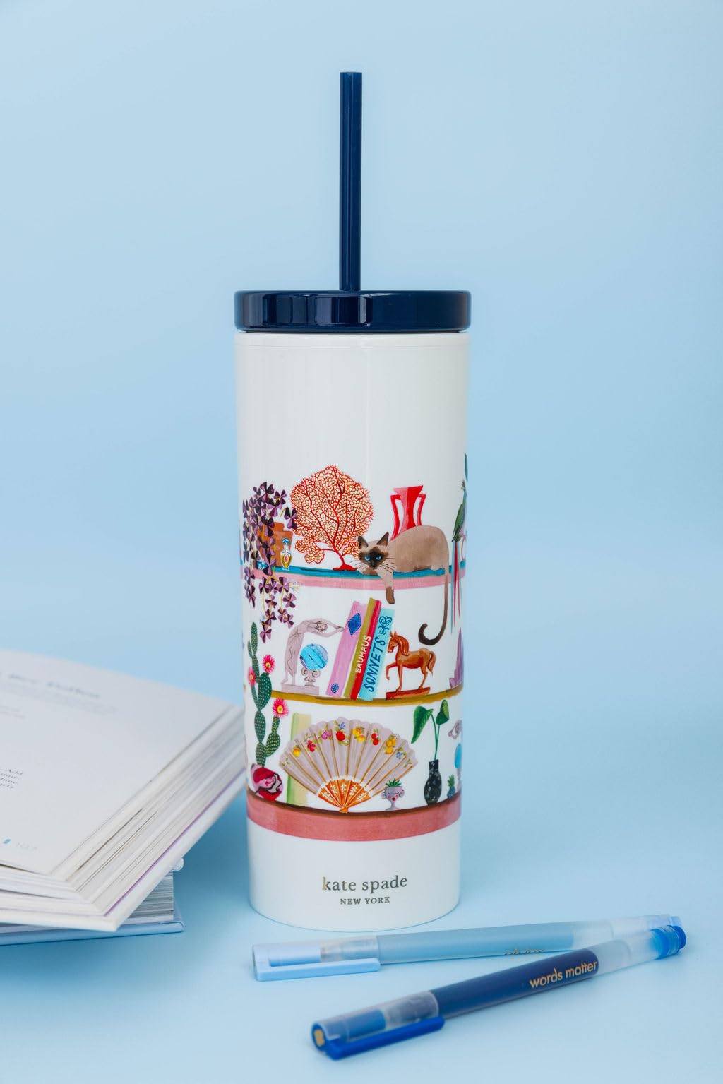 Kate Spade New York Insulated Tumbler with Reusable Straw, 20 Ounce Acrylic Travel Cup with Lid, Bookshelf