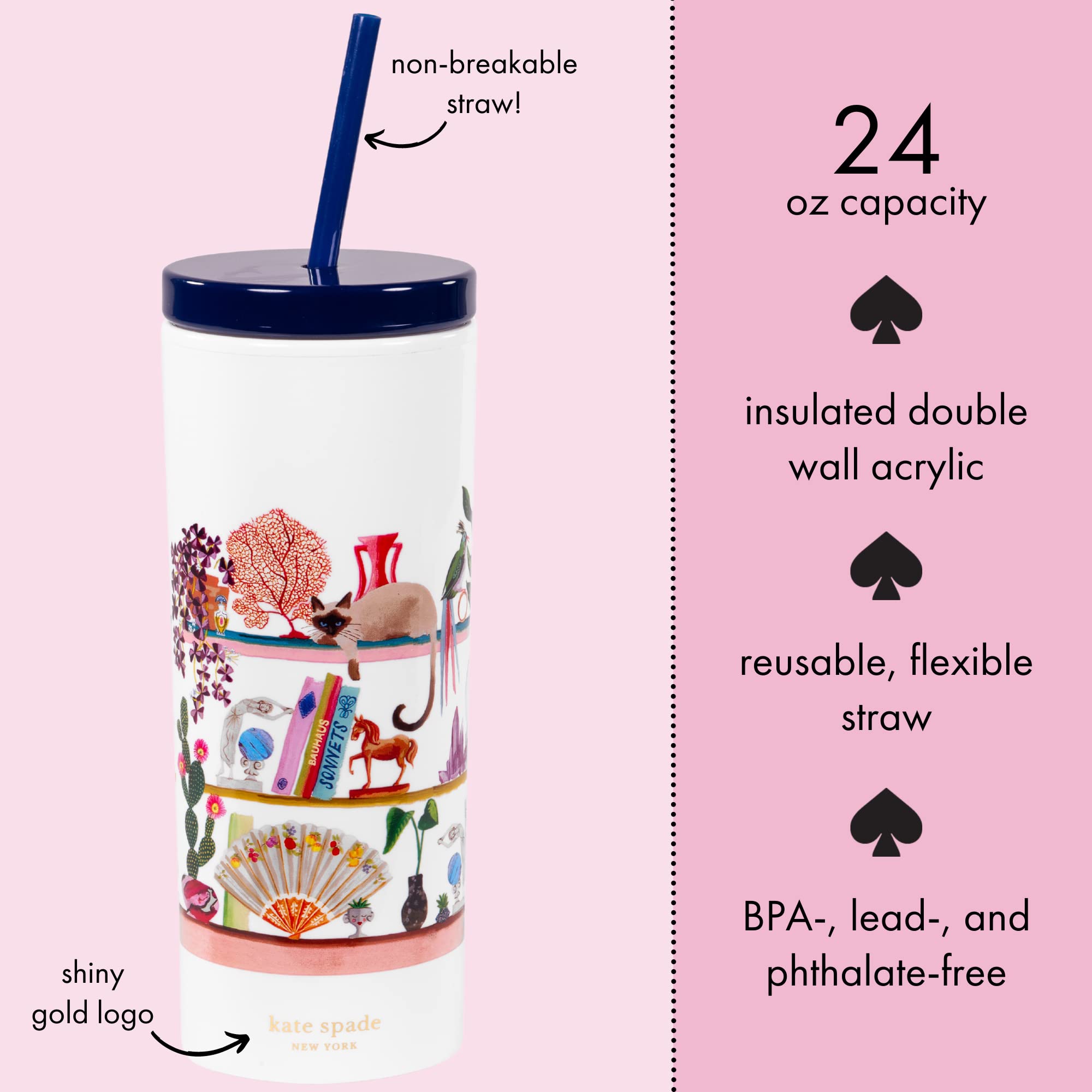 Kate Spade New York Insulated Tumbler with Reusable Straw, 20 Ounce Acrylic Travel Cup with Lid, Bookshelf