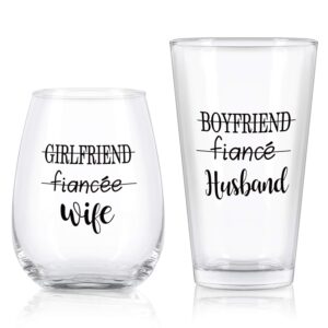 modwnfy husband wife stemless wine glass and beer glass combo, great couple gift for wedding engagement party bridal shower anniversary valentine’s day wife husband couple newly married, set of 2
