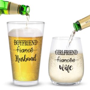 Modwnfy Husband Wife Stemless Wine Glass and Beer Glass Combo, Great Couple Gift for Wedding Engagement Party Bridal Shower Anniversary Valentine’s Day Wife Husband Couple Newly Married, Set of 2