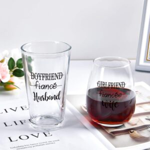 Modwnfy Husband Wife Stemless Wine Glass and Beer Glass Combo, Great Couple Gift for Wedding Engagement Party Bridal Shower Anniversary Valentine’s Day Wife Husband Couple Newly Married, Set of 2