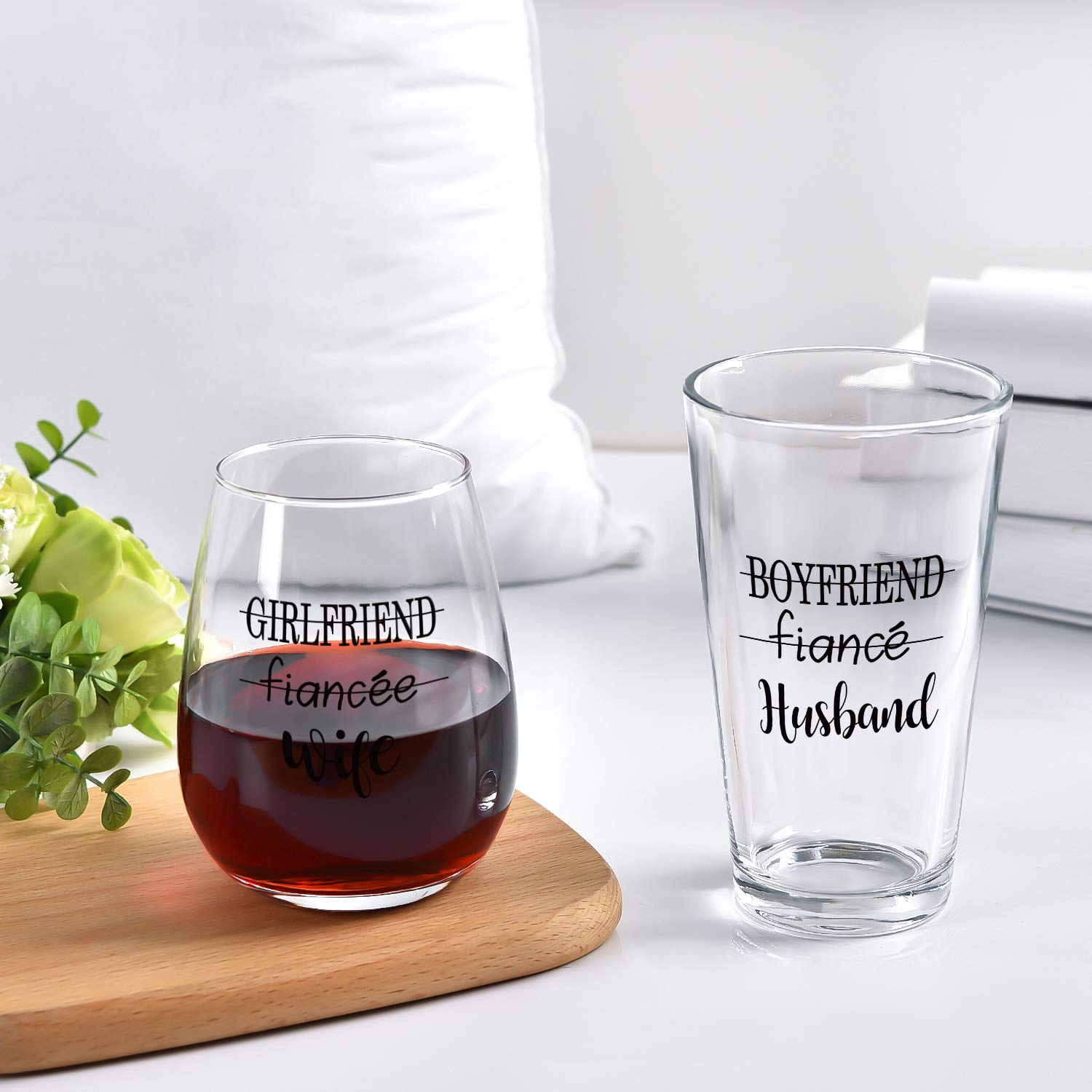 Modwnfy Husband Wife Stemless Wine Glass and Beer Glass Combo, Great Couple Gift for Wedding Engagement Party Bridal Shower Anniversary Valentine’s Day Wife Husband Couple Newly Married, Set of 2