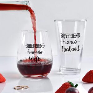 Modwnfy Husband Wife Stemless Wine Glass and Beer Glass Combo, Great Couple Gift for Wedding Engagement Party Bridal Shower Anniversary Valentine’s Day Wife Husband Couple Newly Married, Set of 2