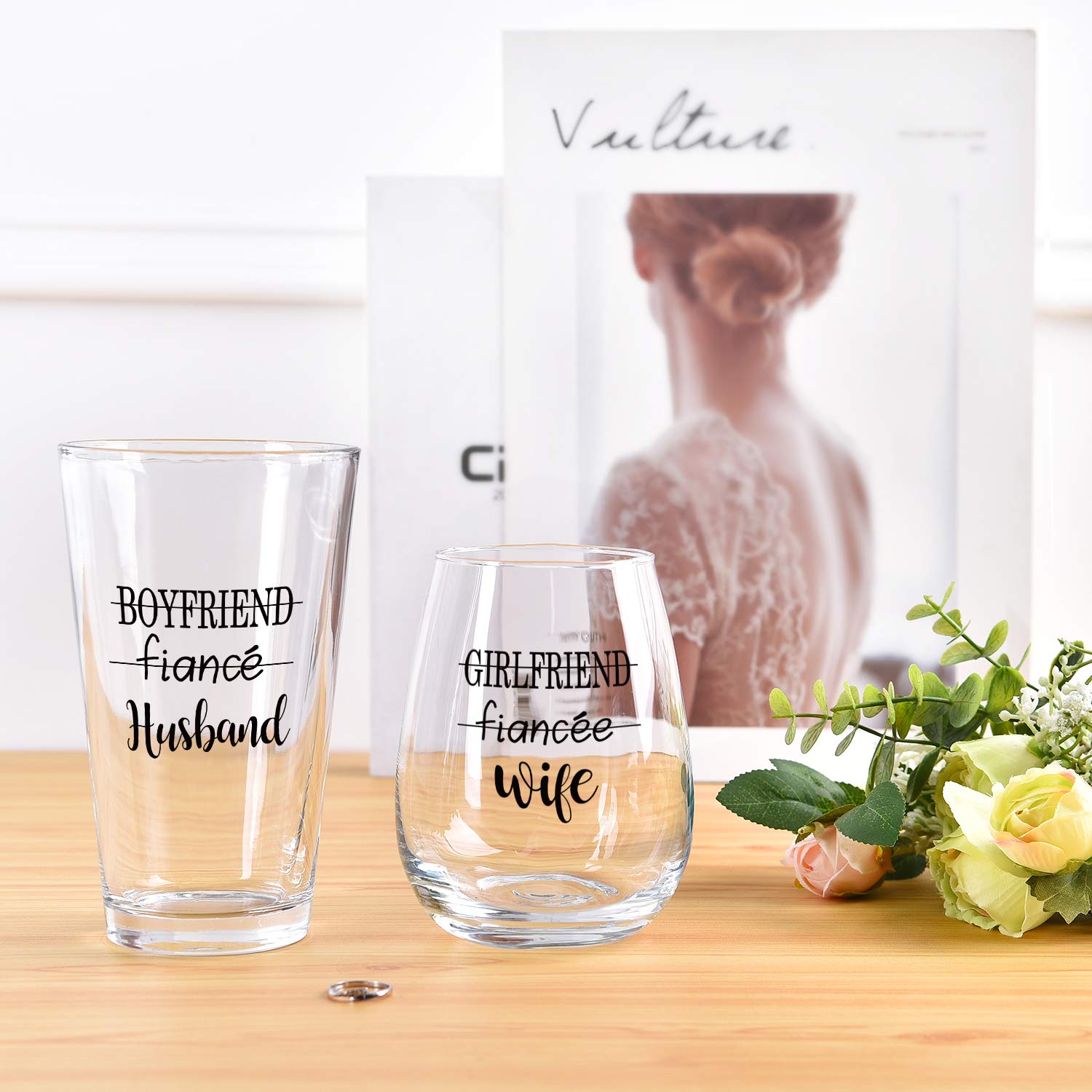 Modwnfy Husband Wife Stemless Wine Glass and Beer Glass Combo, Great Couple Gift for Wedding Engagement Party Bridal Shower Anniversary Valentine’s Day Wife Husband Couple Newly Married, Set of 2