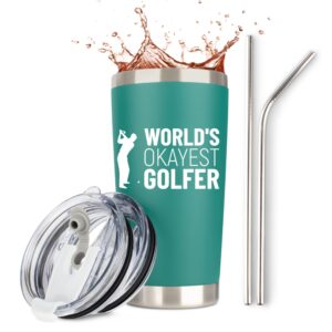 jenvio golf gifts for men | worlds okayest golfer | stainless steel travel tumbler mug w 2 lids and 2 straws and gift box | funny unique idea gag cup dad husband retirement valentine's day