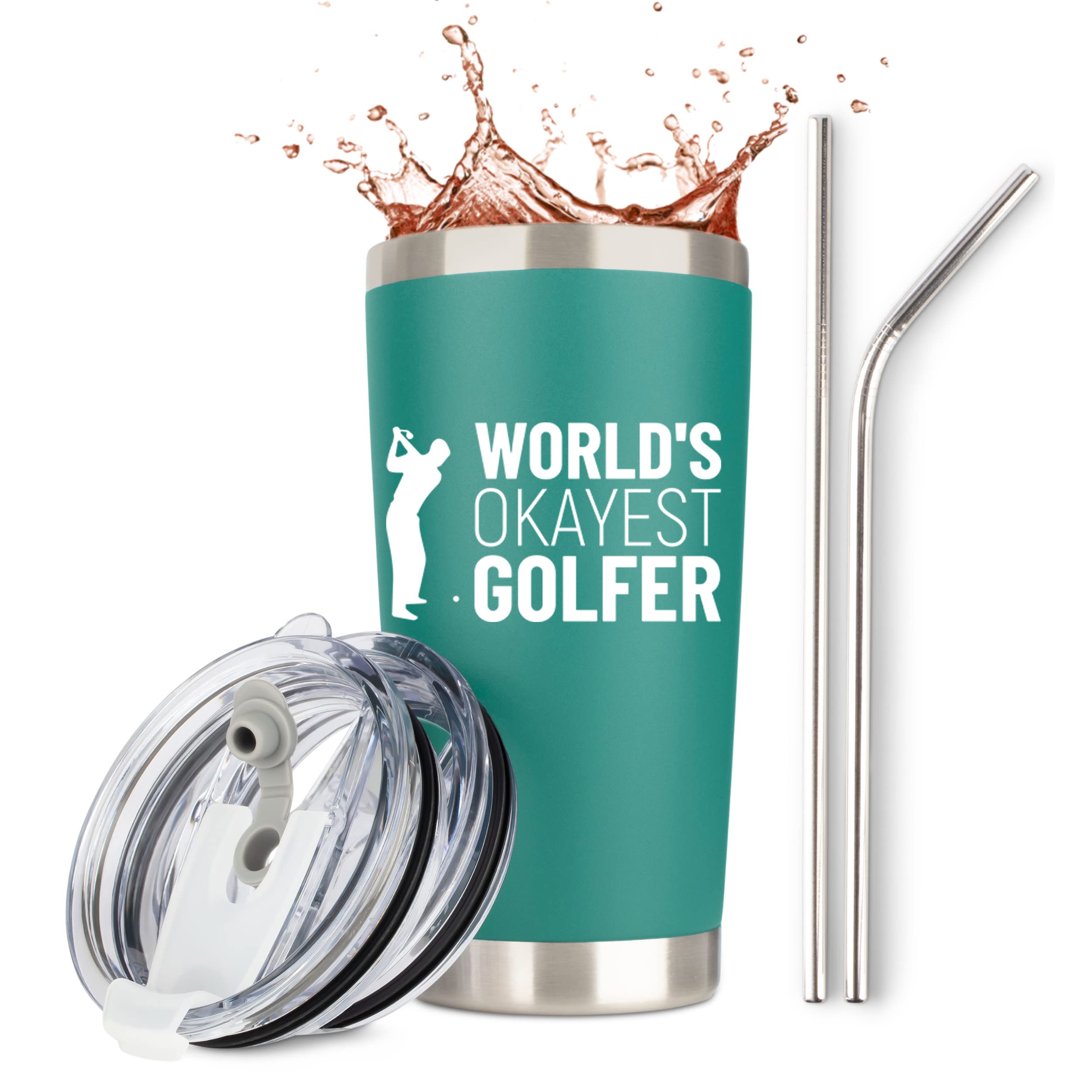 JENVIO Golf Gifts for Men | Worlds Okayest Golfer | Stainless Steel Travel Tumbler Mug w 2 Lids and 2 Straws and Gift Box | Funny Unique Idea Gag Cup Dad Husband Retirement Valentine's Day