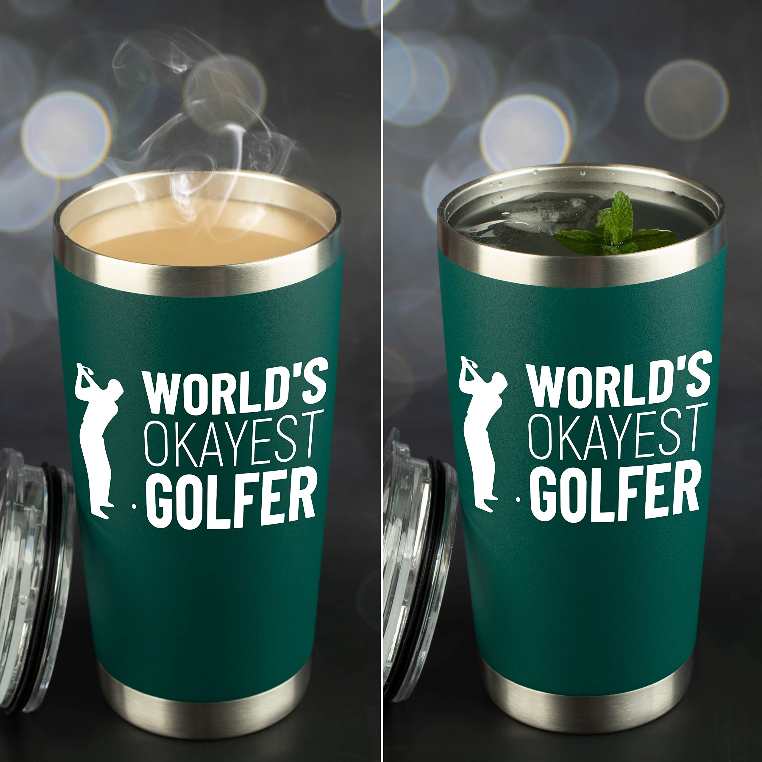 JENVIO Golf Gifts for Men | Worlds Okayest Golfer | Stainless Steel Travel Tumbler Mug w 2 Lids and 2 Straws and Gift Box | Funny Unique Idea Gag Cup Dad Husband Retirement Valentine's Day