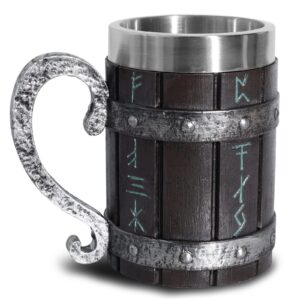 ottalent nordic viking mug,oak wooden beer stein stainless steel liner,nordic mythology viking runes tankard coffee cup for men father’s day gift 18oz.