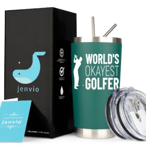 JENVIO Golf Gifts for Men | Worlds Okayest Golfer | Stainless Steel Travel Tumbler Mug w 2 Lids and 2 Straws and Gift Box | Funny Unique Idea Gag Cup Dad Husband Retirement Valentine's Day