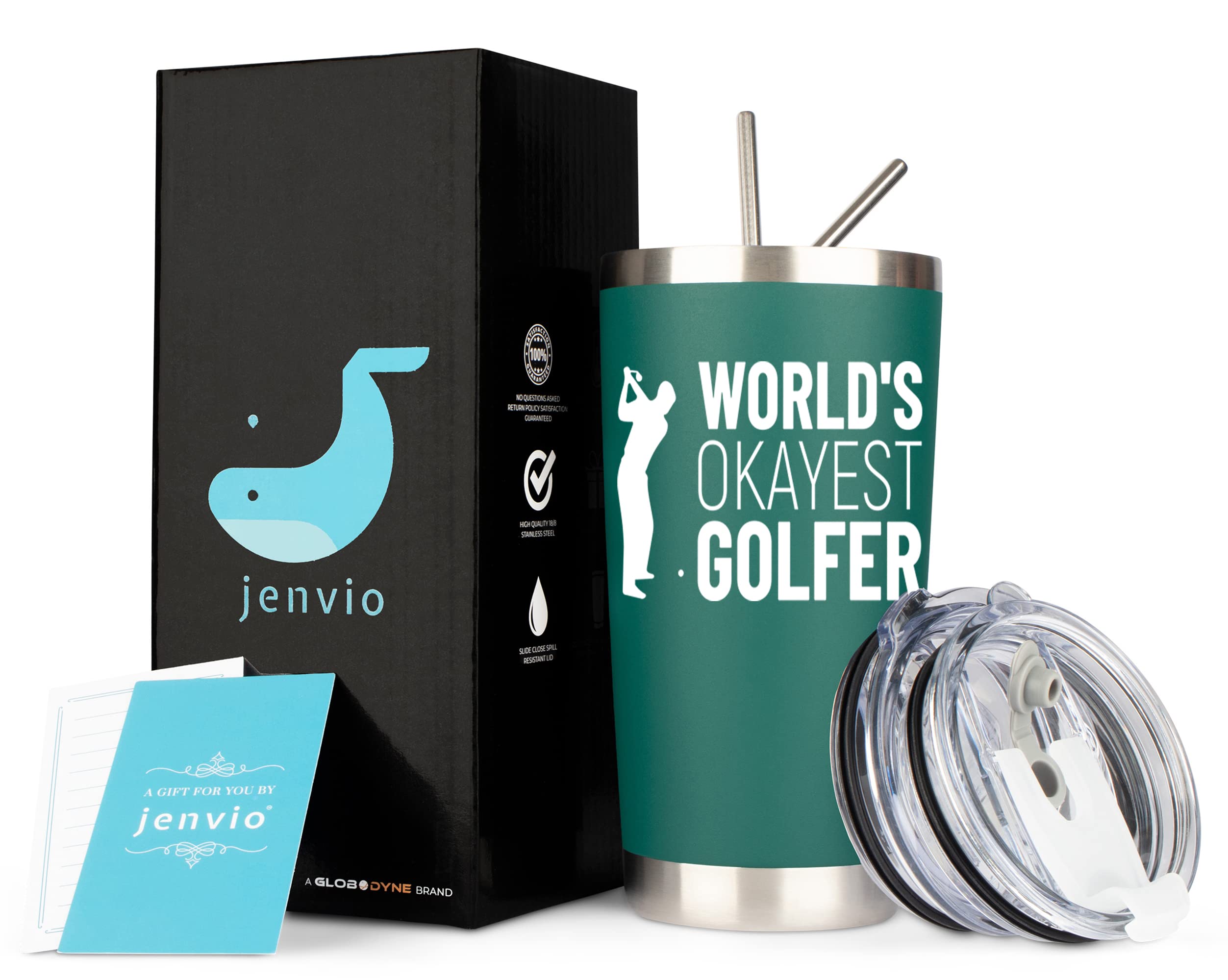 JENVIO Golf Gifts for Men | Worlds Okayest Golfer | Stainless Steel Travel Tumbler Mug w 2 Lids and 2 Straws and Gift Box | Funny Unique Idea Gag Cup Dad Husband Retirement Valentine's Day