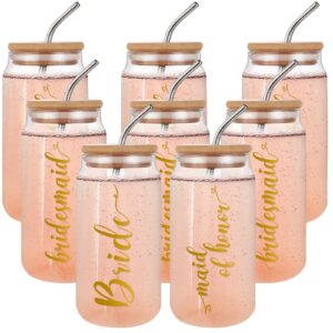icooney wedding gifts for bride bridesmaid beer can glass - 8 pack maid of honor gifts for engagement bridal shower bachelorette party - 16 oz drinking glass cups with lids and straws