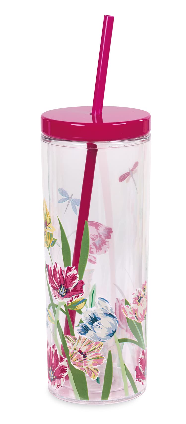 Kate Spade New York Acrylic Tumbler with Lid and Straw, 24 oz Tumbler, Slim Double Wall Tumbler, Dragonfly Tulip