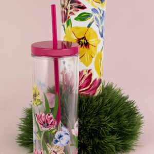 Kate Spade New York Acrylic Tumbler with Lid and Straw, 24 oz Tumbler, Slim Double Wall Tumbler, Dragonfly Tulip