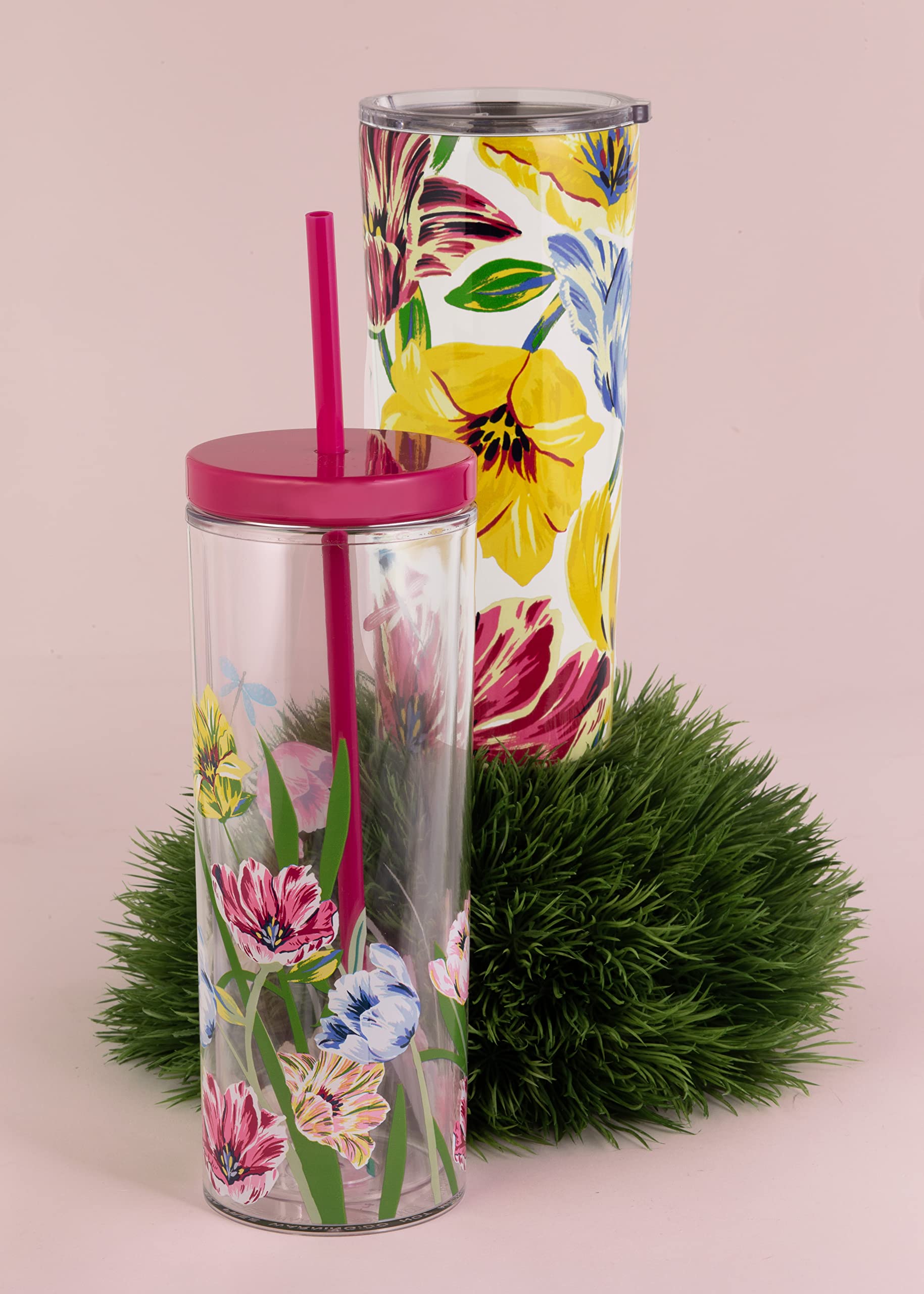 Kate Spade New York Acrylic Tumbler with Lid and Straw, 24 oz Tumbler, Slim Double Wall Tumbler, Dragonfly Tulip