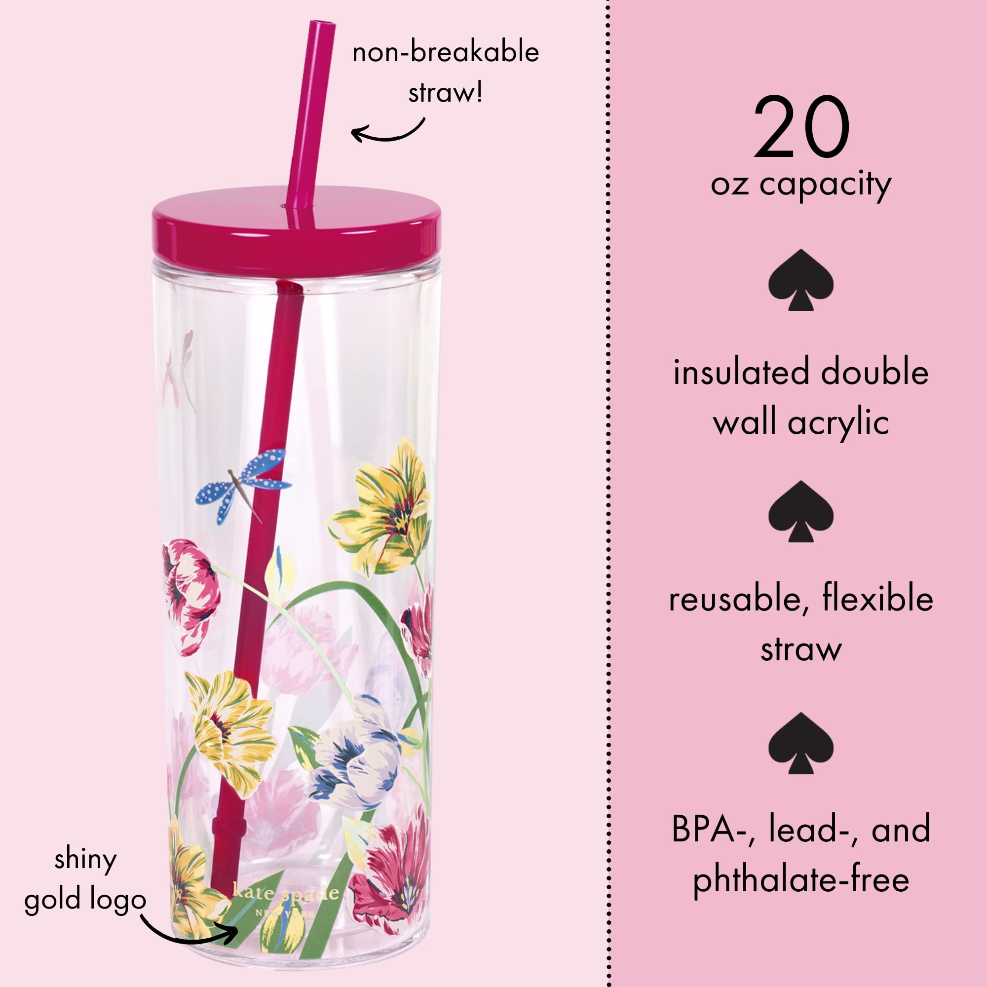Kate Spade New York Acrylic Tumbler with Lid and Straw, 24 oz Tumbler, Slim Double Wall Tumbler, Dragonfly Tulip