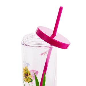 Kate Spade New York Acrylic Tumbler with Lid and Straw, 24 oz Tumbler, Slim Double Wall Tumbler, Dragonfly Tulip