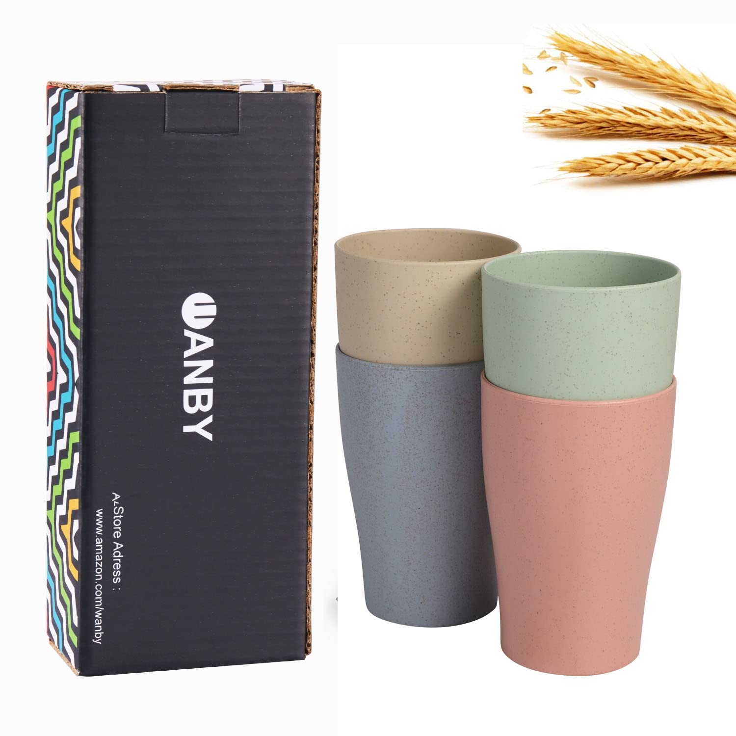 WANBY Wheat Straw Cup 4 Pcs Unbreakable and Reusable Drinking Cups Eco-Friendly Healthy Tumbler Set for Milk Juice and Water Dishwasher Safe (4 Pcs 11 Oz)