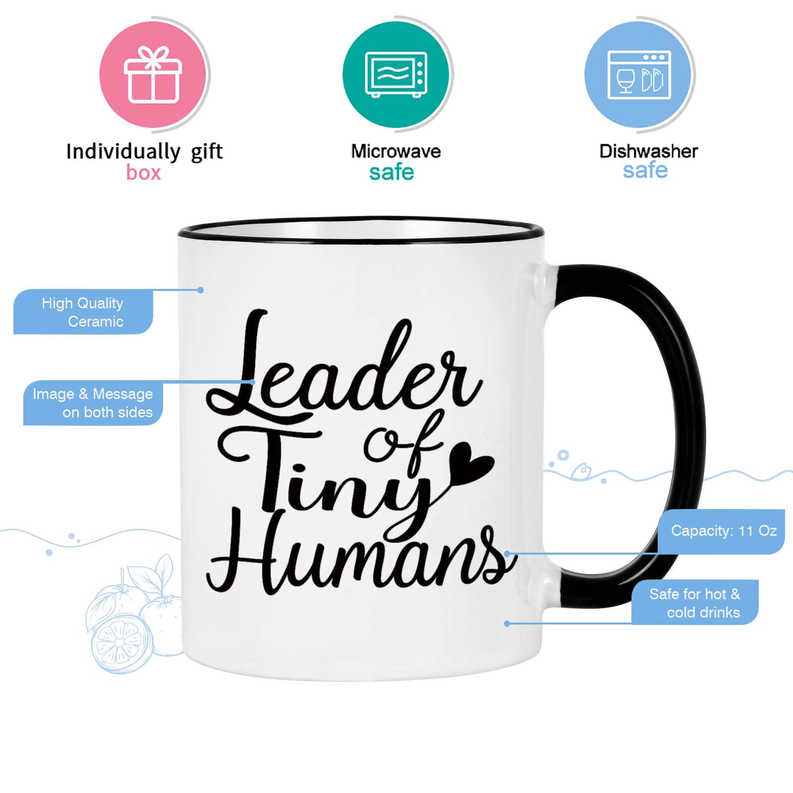 YHRJWN - Teacher Gifts for Women Men, Leader of Tiny Humans Mug, Teacher Appreciation Gifts, Novelty Christmas Birthday Gifts for Kindergarten Teacher, Daycare 11 Oz White(Black Handle)