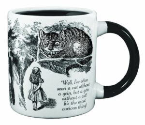 the unemployed philosophers guild disappearing cheshire cat heat transforming color changing reveal mug - add coffee and the cheshire cat disappears except for its grin, comes in a fun box