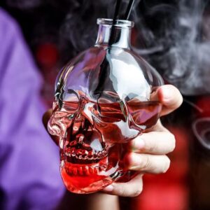 Skull Whiskey Decanter Set WEIRUIFANZHI 1 Glass Skull Skeleton Wine Bottle 25OZ & 4 Skull Glasses 2.5OZ & 4 Granite Whiskey Ice Wine Stones & 1 Ice Clip for Brandy,Vodka,Gifts,Bar and Party Decoration