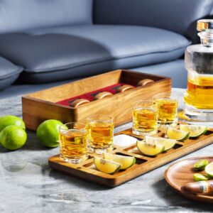 Tequila Shot Glasses with Luxury Acacia Wood Storage Box, Wooden Drink Coasters, and Vintage Serving Tray for Salt, Lemon, and Bar Nuts, Decorative Home Gift Bundle for Men, Women