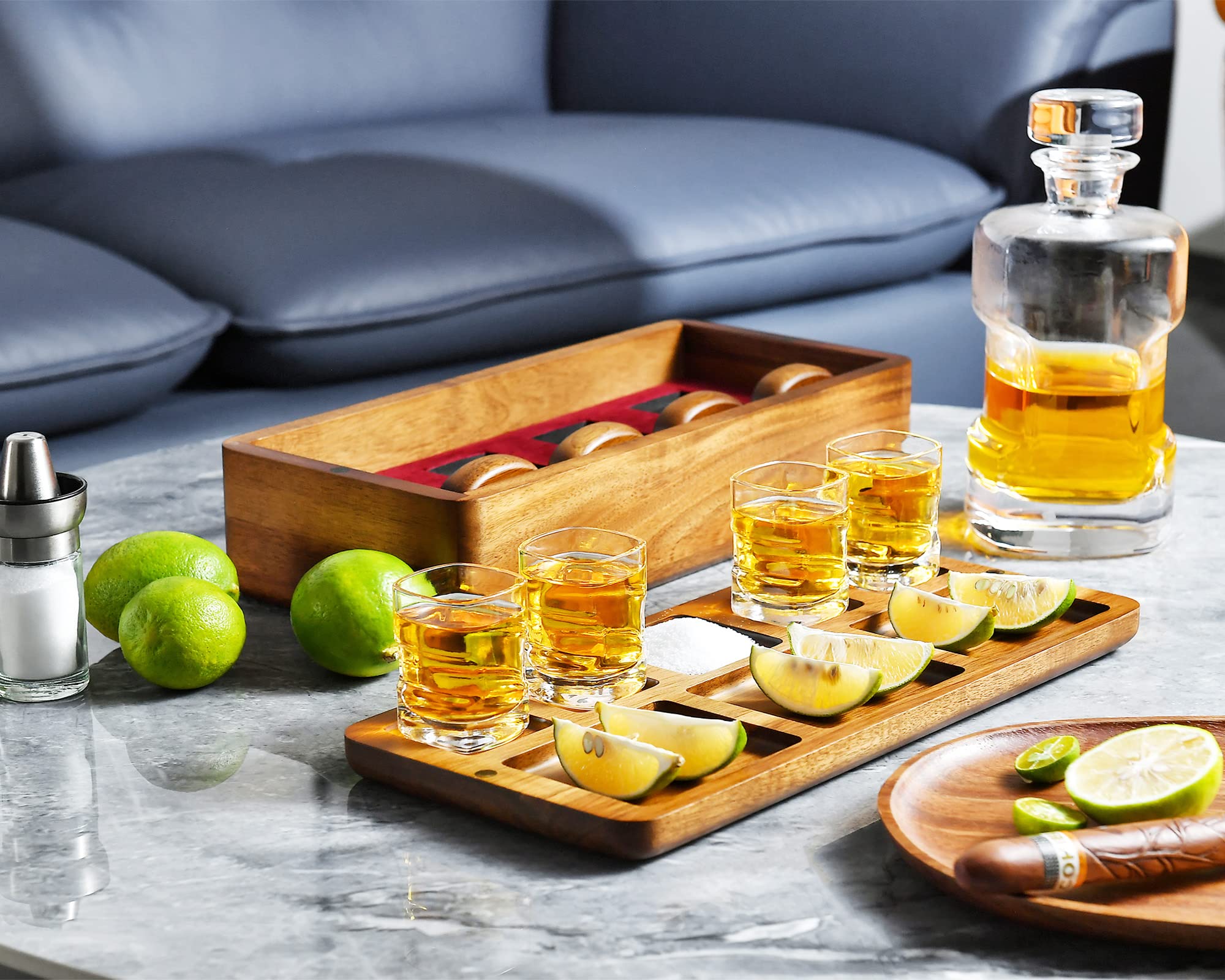 Tequila Shot Glasses with Luxury Acacia Wood Storage Box, Wooden Drink Coasters, and Vintage Serving Tray for Salt, Lemon, and Bar Nuts, Decorative Home Gift Bundle for Men, Women