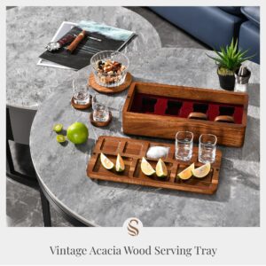 Tequila Shot Glasses with Luxury Acacia Wood Storage Box, Wooden Drink Coasters, and Vintage Serving Tray for Salt, Lemon, and Bar Nuts, Decorative Home Gift Bundle for Men, Women