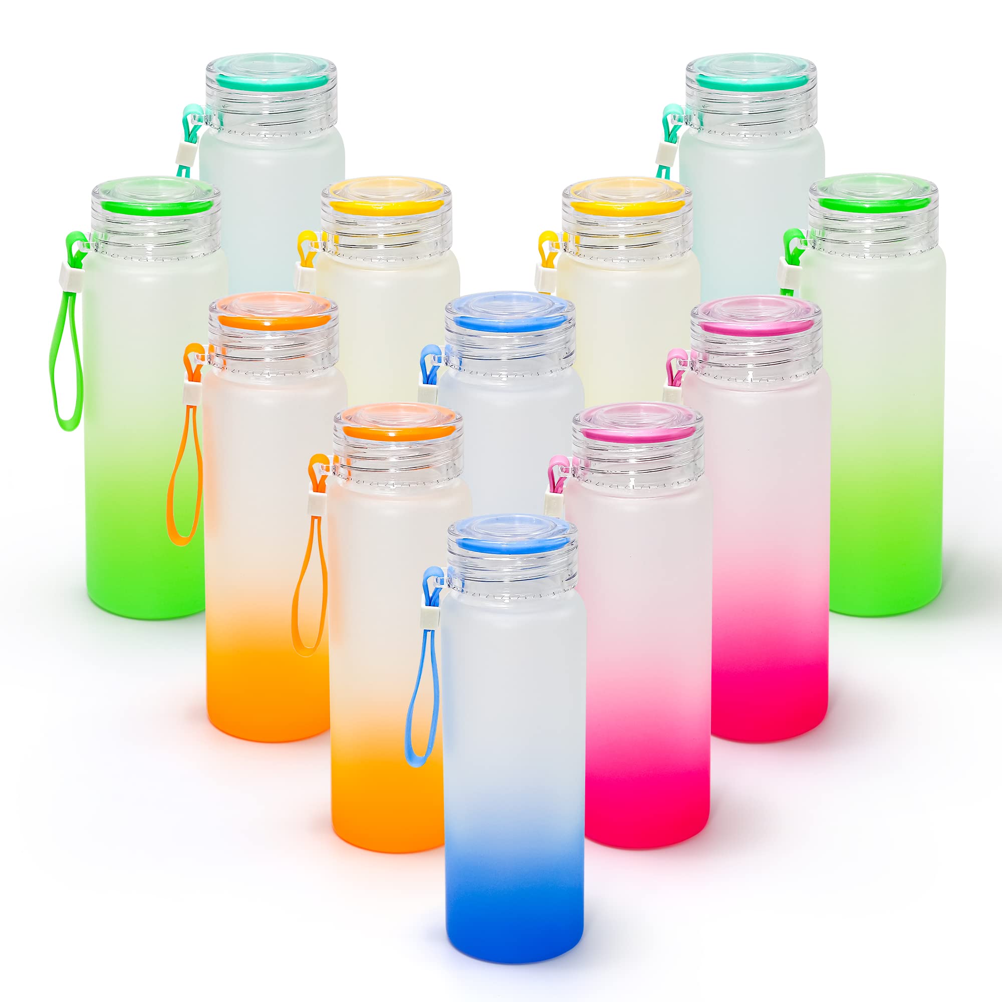 AGH Sublimation Tumblers 12 Pack-16OZ Frosted Glass Cups with Colored Carrying Handle Lid,Different Color Gradient Glass Cups,Suitable for Cold or Cot Drinks,Easy to Carry