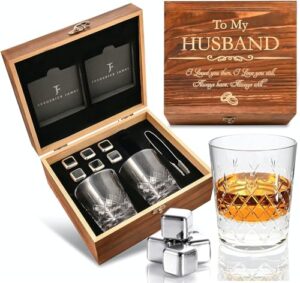 fj frederick james valentines day gifts for him, wedding anniversary for him, anniversary for husband from wife - crystal whiskey glass set -engraved 'to my husband' inc. box, cooling stones - fo